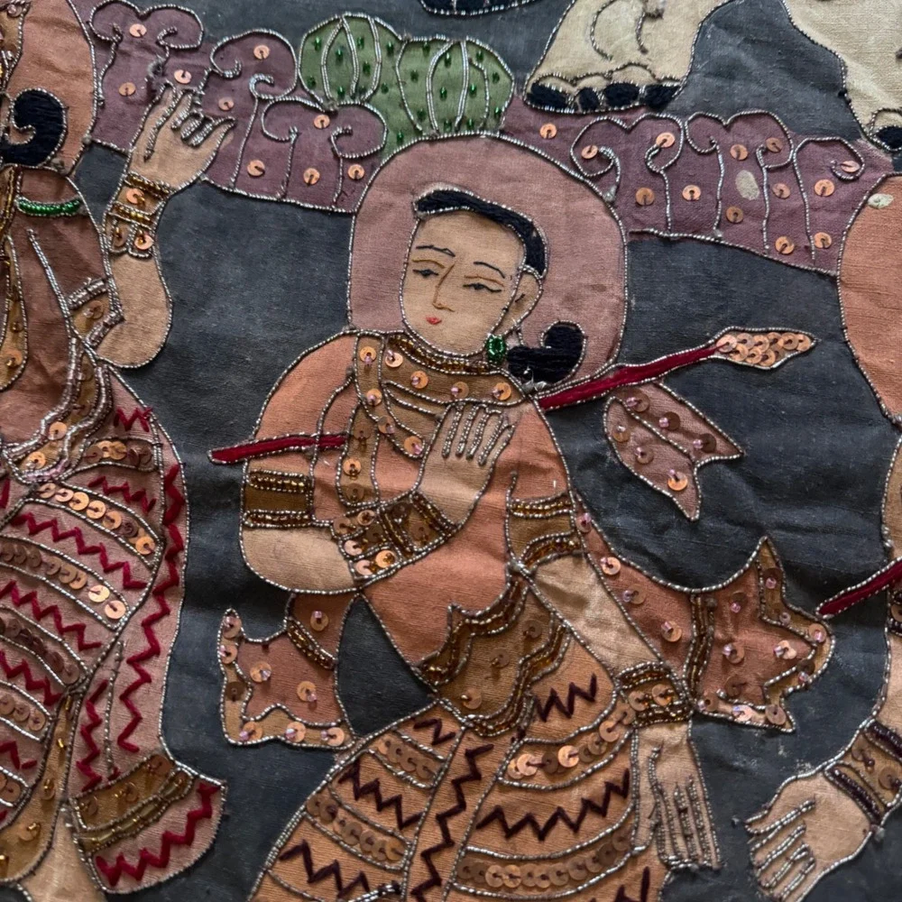Vintage Burmese Kalaga Tapestry Large Gold Embroidered Elephant Wall Hanging Art